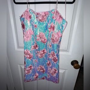 Floral Sequin Dress in Pink and Blue